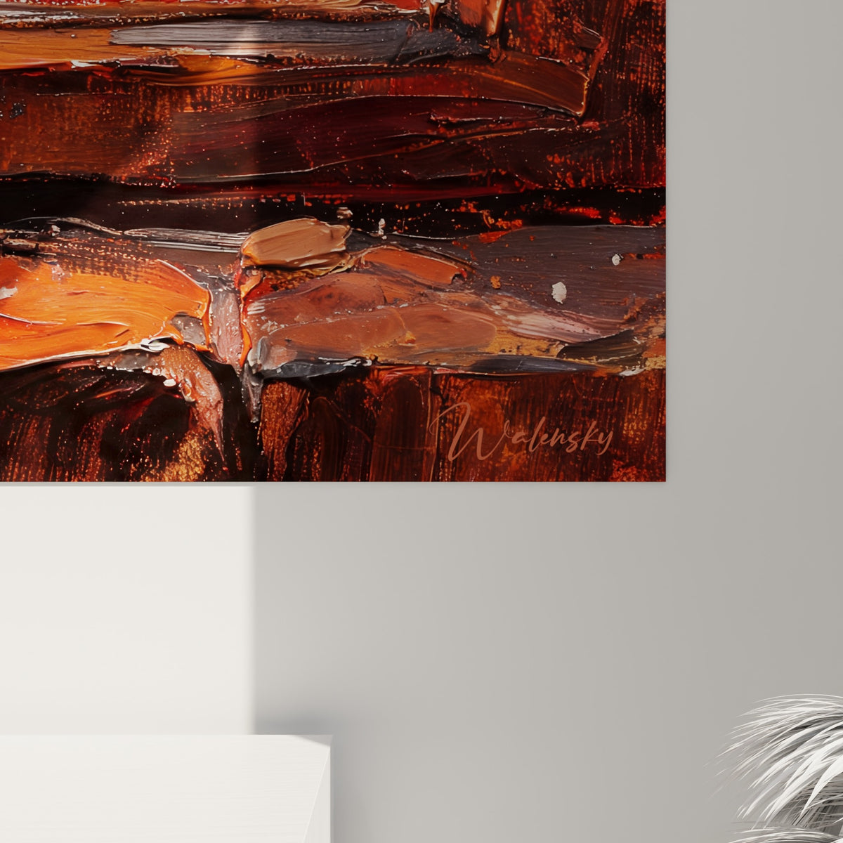 Empâtements épais de rouge et d'orange révélant le grain de la peinture au couteau sur la toile