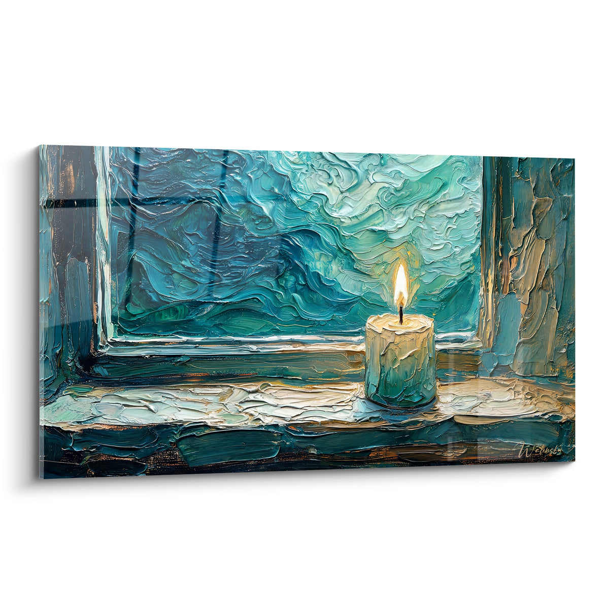 Bougie ivoire allumée sur rebord ocre, fenêtre bleu marine et turquoise en empâtements épais