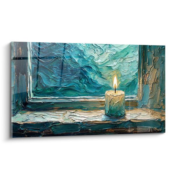 Tableau Bougie ivoire et turquoise sur rebord épais - Vitre à petits carreaux - Edition Bougie