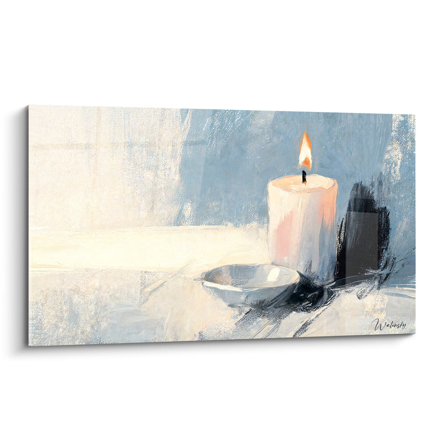 Tableau Bougie blanche et bleu pâle près d'une coupelle argentée - Tache noire verticale - Edition Bougie