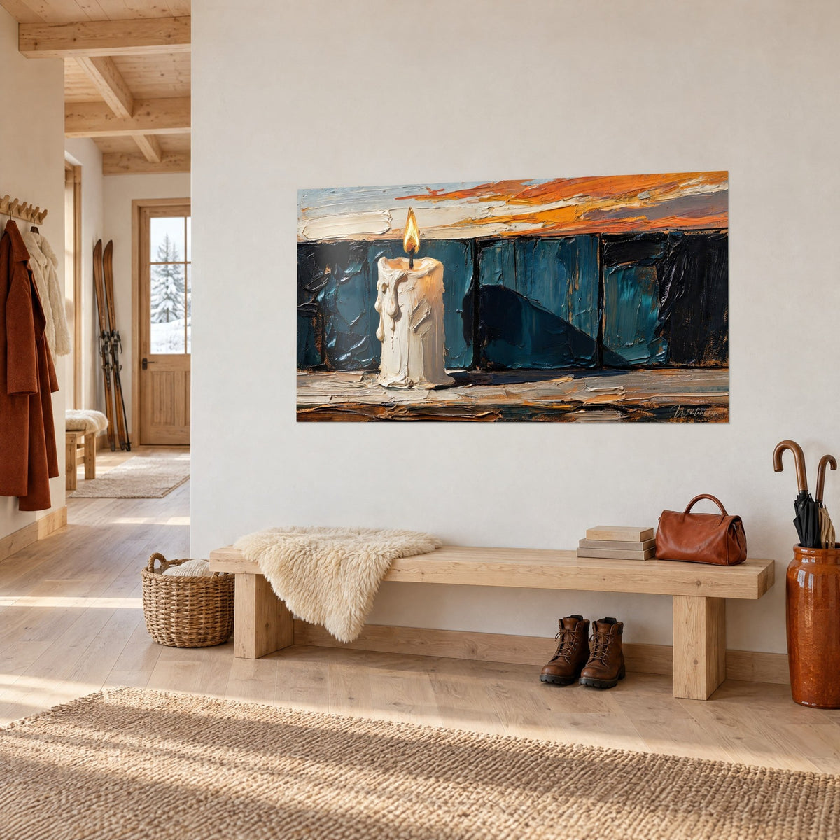 Tableau chandelle de cire crème sur fond de panneaux bleu pétrole, ciel orange en empâtements, vue de trois-quarts, couloir de chalet