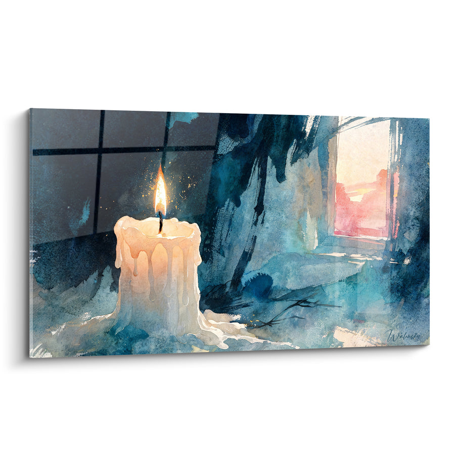 Tableau Bougie ivoire et bleue près d'une fenêtre ouverte - Ciel rosé lointain - Edition Bougie