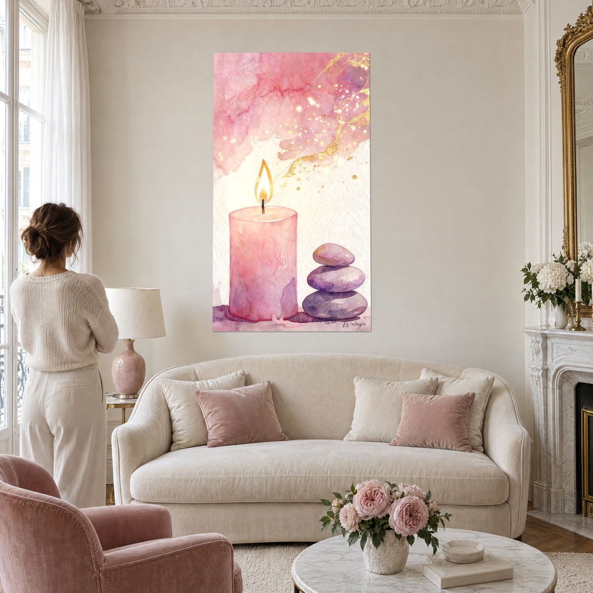 Tableau bougie rose à la flamme dorée, galets lilas empilés, éclats d'or sur fond nacré, au-dessus d'un canapé dans un salon lumineux