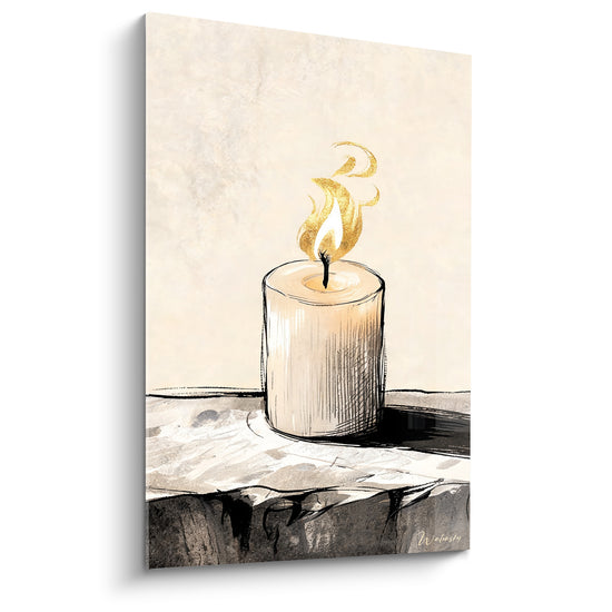 Tableau Bougie ivoire et grise à la flamme dorée dessinée - Trait d'encre esquissé - Edition Bougie