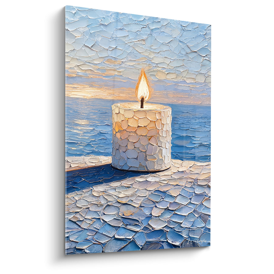 Tableau Bougie blanche et bleue face à l'horizon marin - Texture de mosaïque craquelée - Edition Bougie