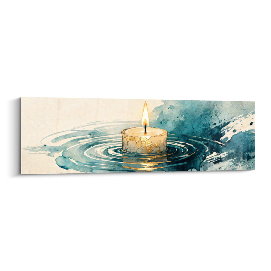 Tableau Bougie dorée flamme sur ondes bleu pétrole - Instant suspendu - Edition Bougie