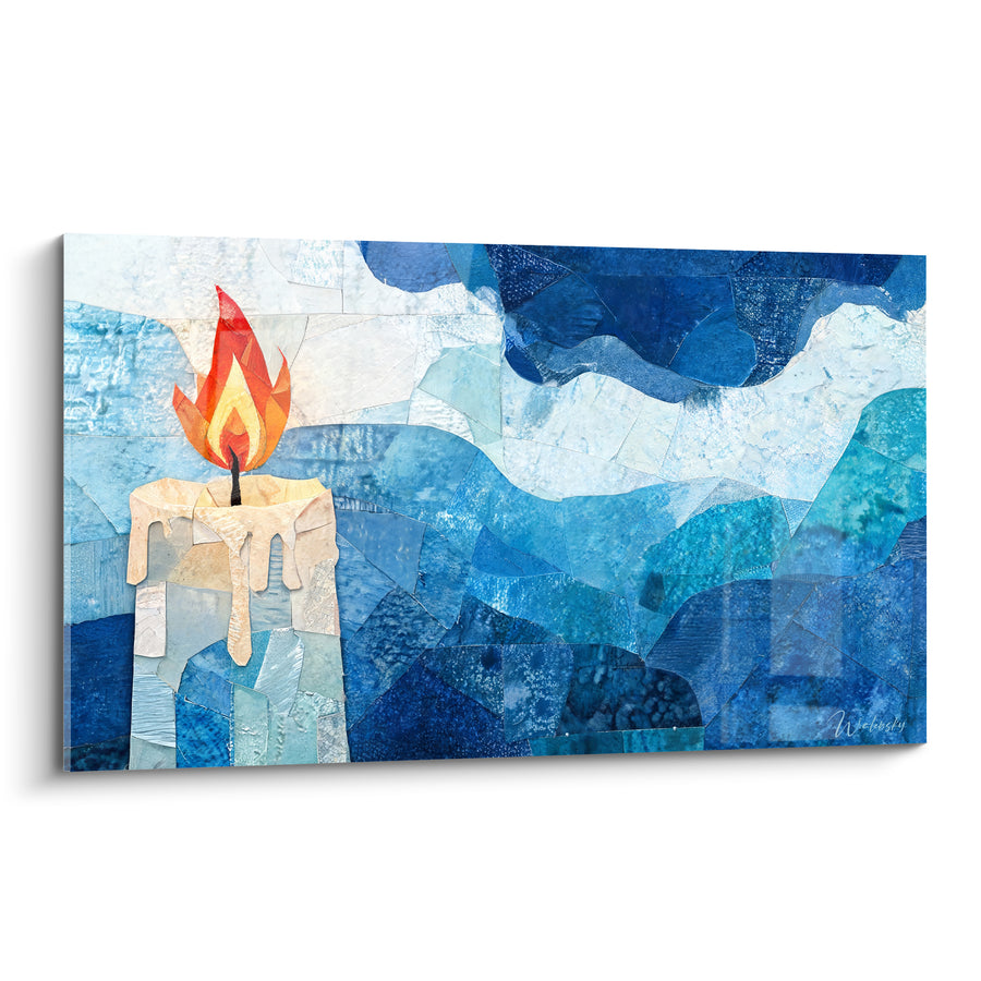 Tableau Bougie ivoire aux vagues bleu marine - Flamme face au courant - Edition Bougie