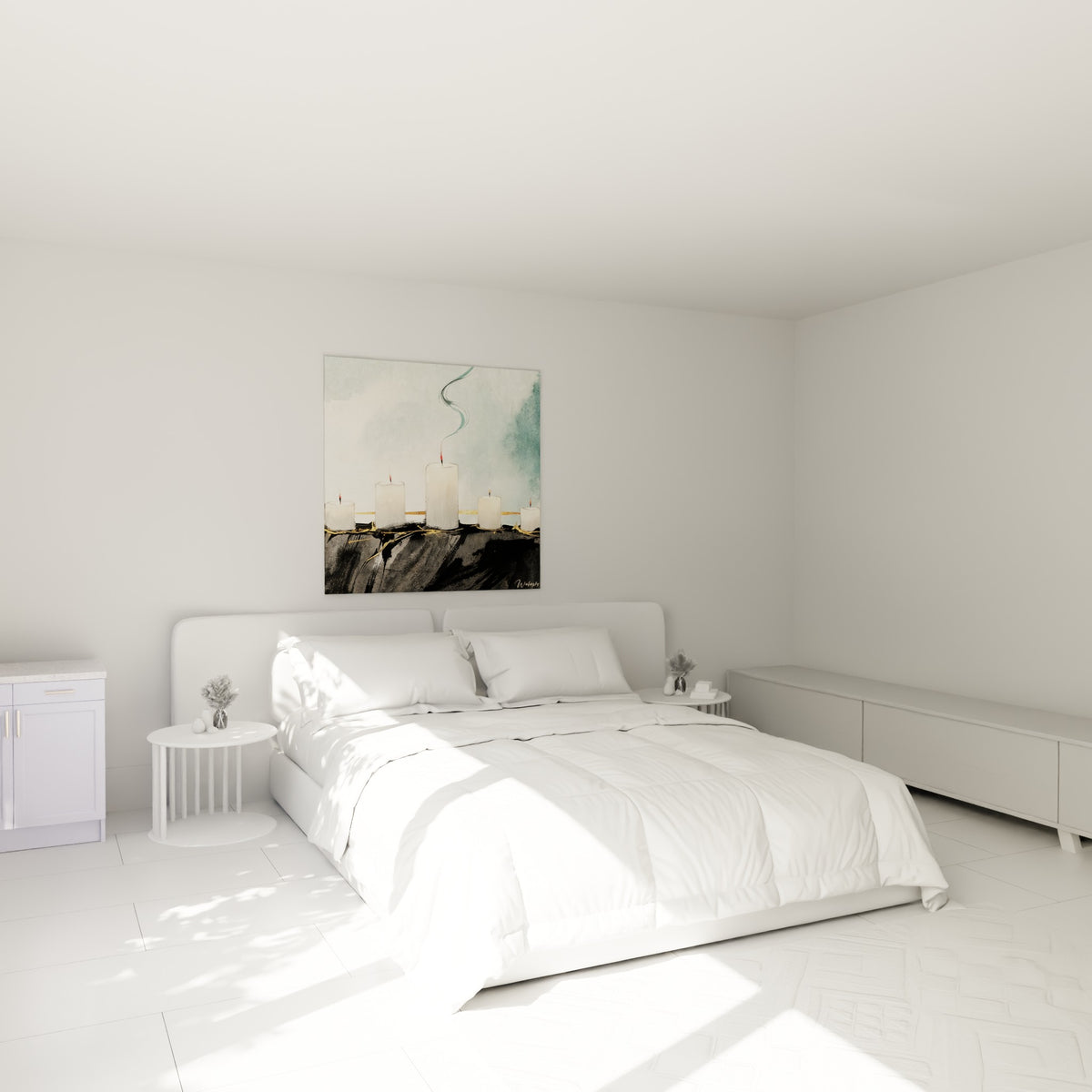Bougies blanches et fumée bleutée peintes sur toile, au-dessus d'un lit dans une chambre claire