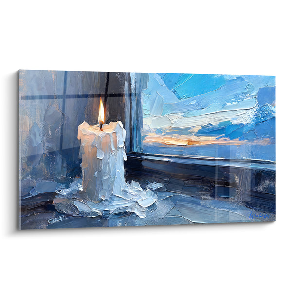 Tableau Bougie blanche et bleue devant fenêtre à croisillons - Coulures figées au sol - Edition Bougie