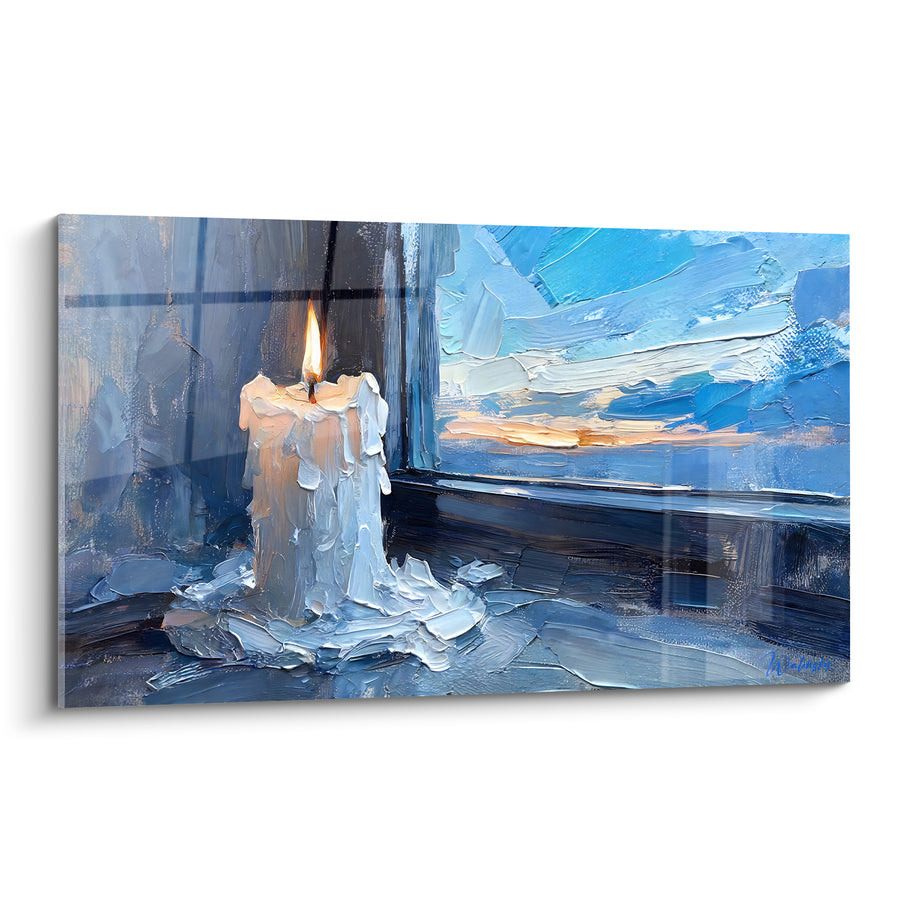Tableau Bougie blanche et bleue devant fenêtre à croisillons - Coulures figées au sol - Edition Bougie