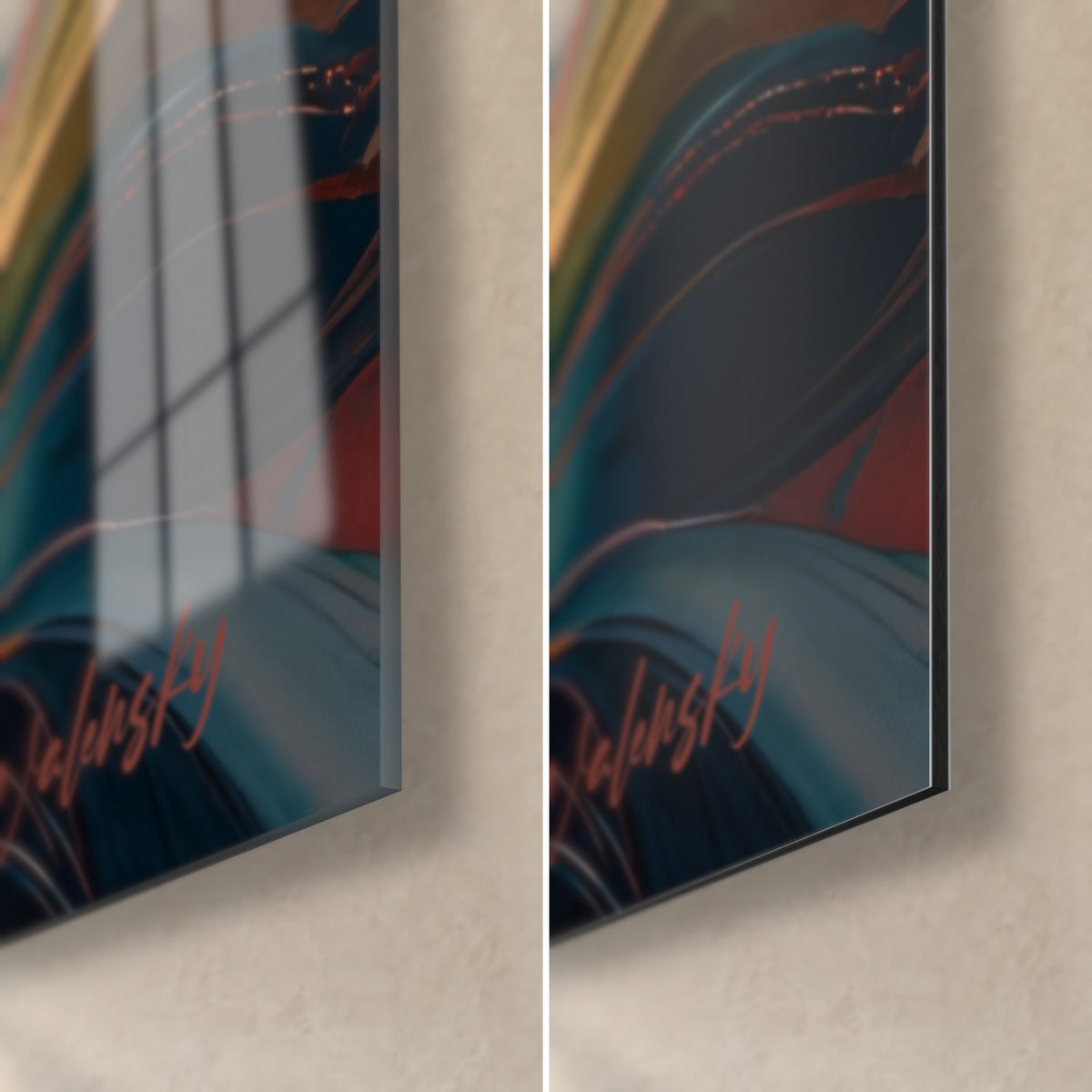 Tableau bougie ambrée, coin bas droit : verre acrylique brillant à gauche, Dibond mat à droite, tranche de 3 mm