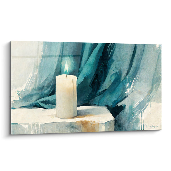 Tableau Bougie ivoire devant un rideau bleu sarcelle - Drapé de tissu profond - Edition Bougie