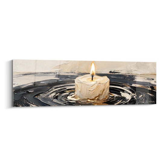 Tableau Bougie ivoire flamme sur vagues anthracite doré - Lueur immobile - Edition Bougie