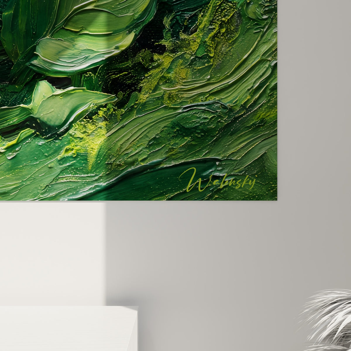 Empâtements épais de vert émeraude et touches jaune fauve révélant la matière de la toile bougie