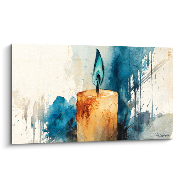 Tableau Bougie ambrée aux éclaboussures bleu pétrole - Flamme turquoise vive - Edition Bougie