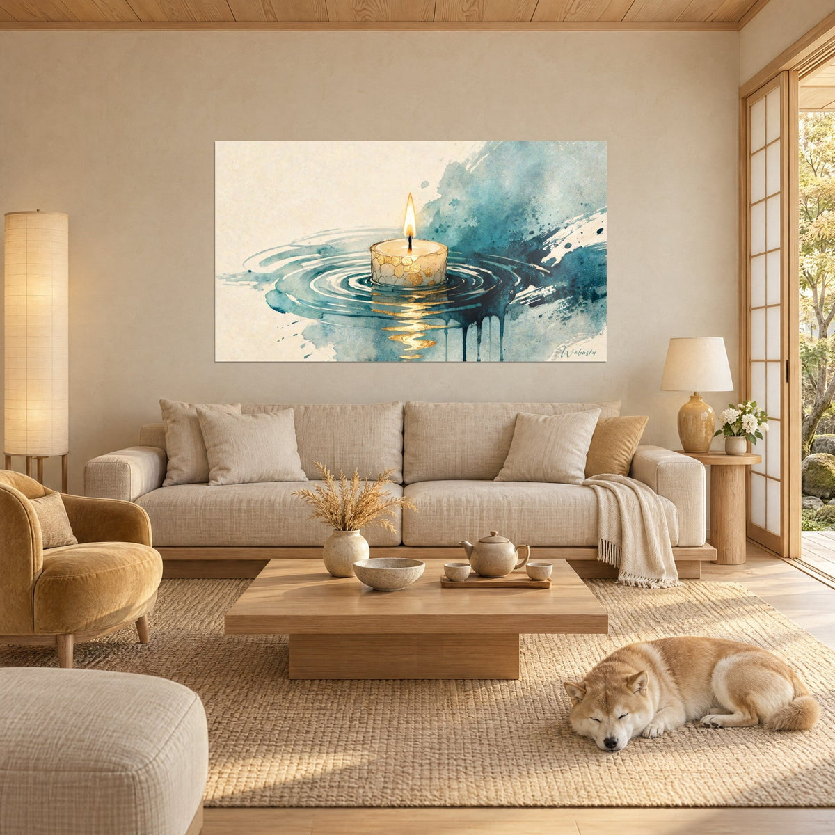 Tableau bougie flottante aux ondes bleu pétrole et dorées, flamme claire sur fond crème, au-dessus d'un canapé dans un salon lumineux
