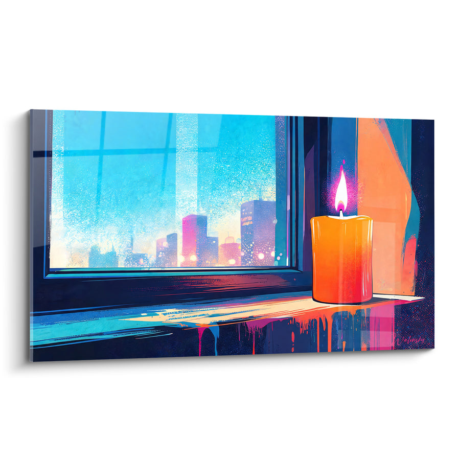 Tableau Bougie orange sur rebord de fenêtre urbaine - Veillée citadine - Edition Bougie