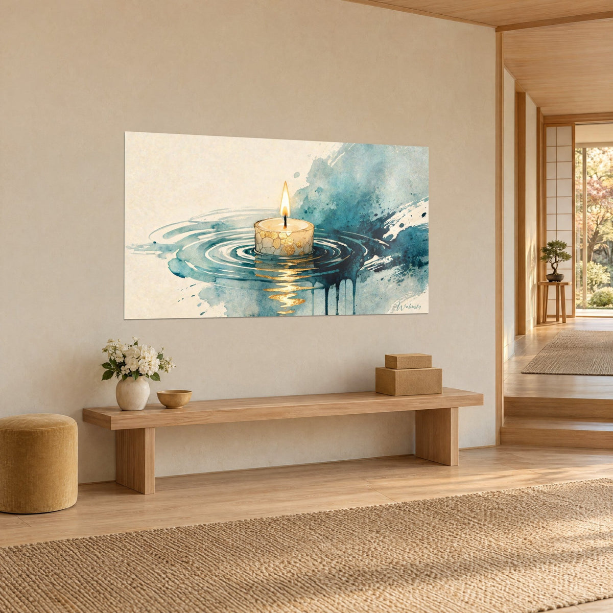Tableau lumignon allumé cerné de cercles turquoise et or, éclaboussures d'aquarelle sur crème, mur d'une maison japandi
