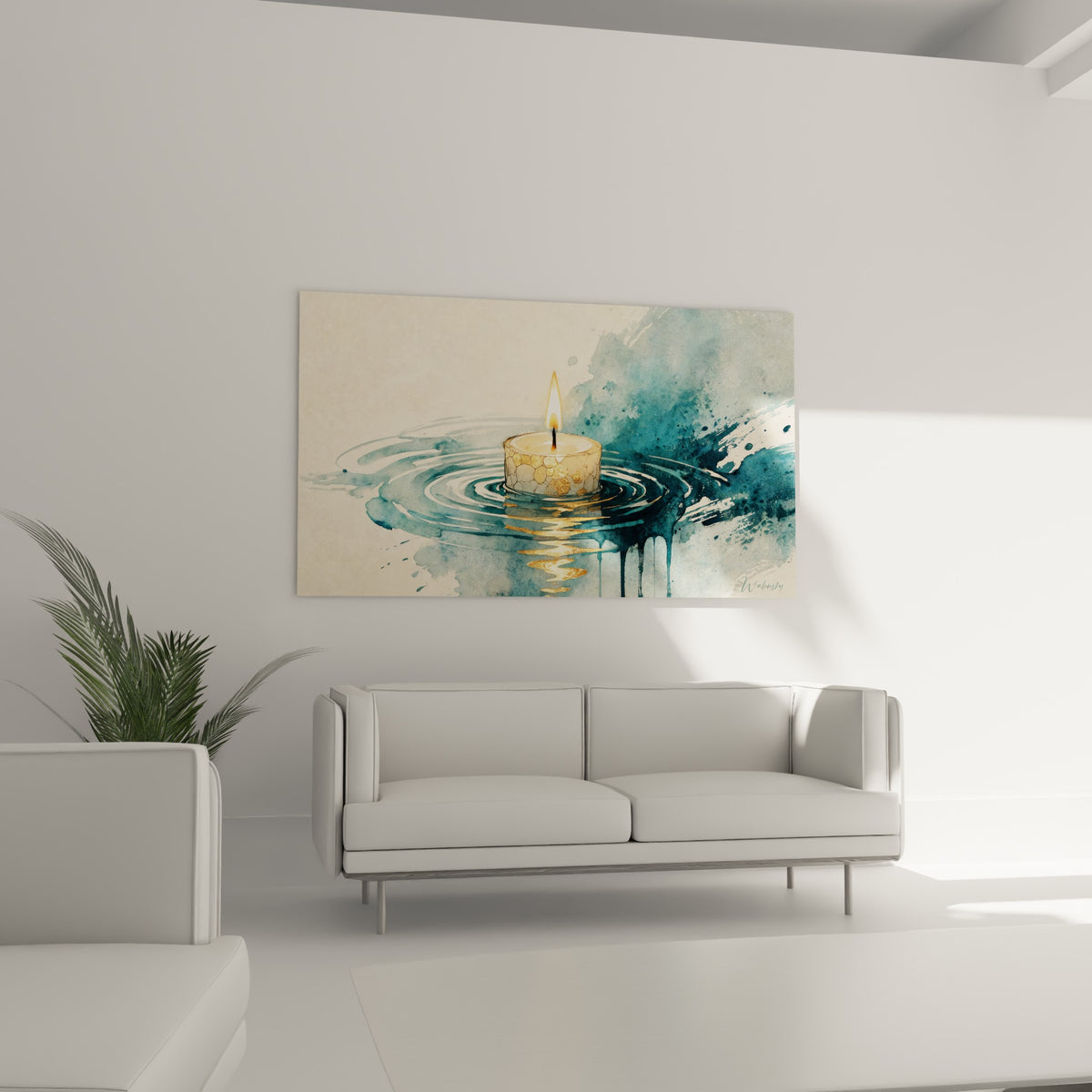 Reflets bleu pétrole et dorés de la bougie flottante au-dessus d'un canapé dans un salon lumineux