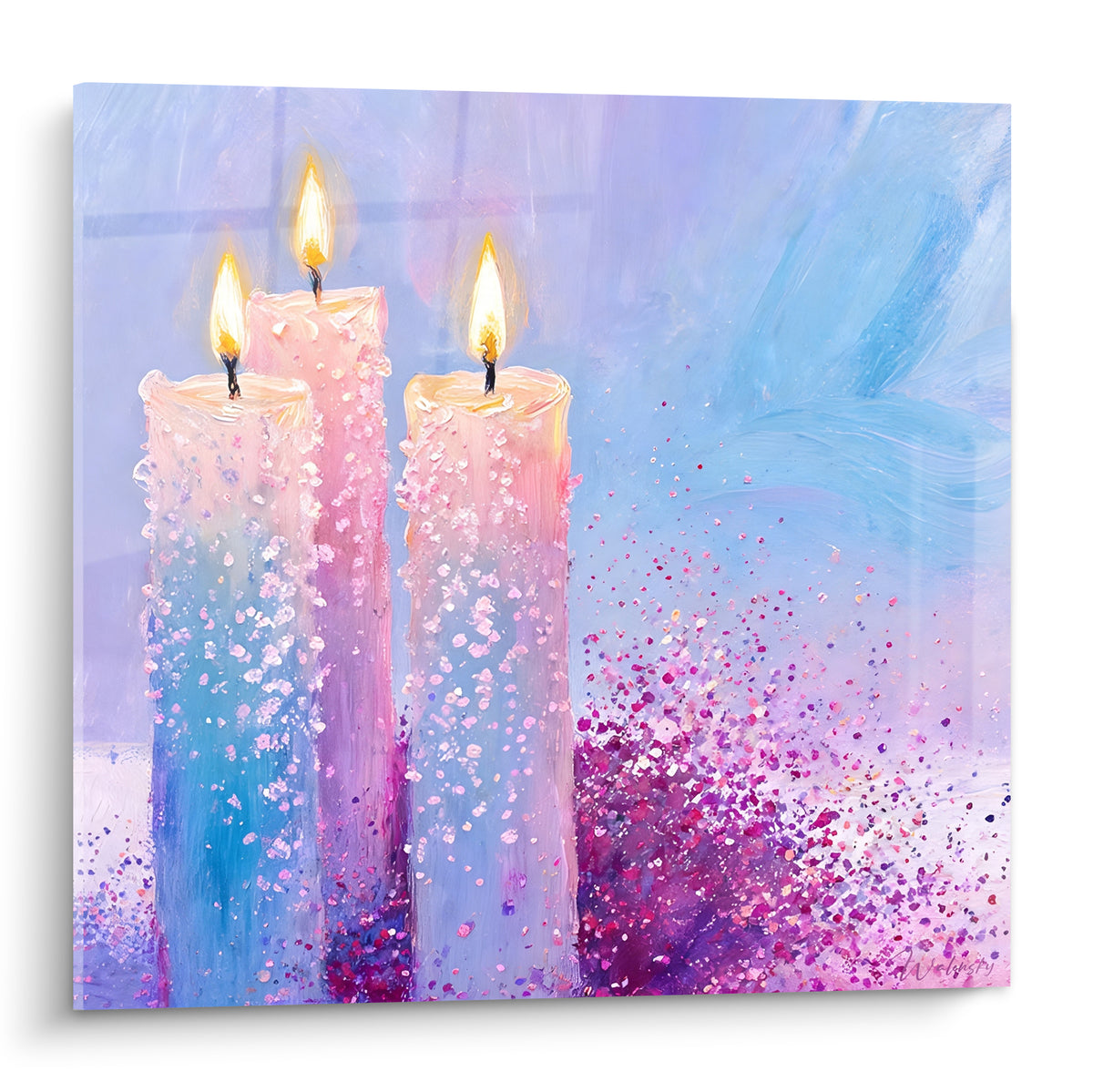 Bougie peinte, trois cierges roses et bleus aux flammes dorées et éclats magenta