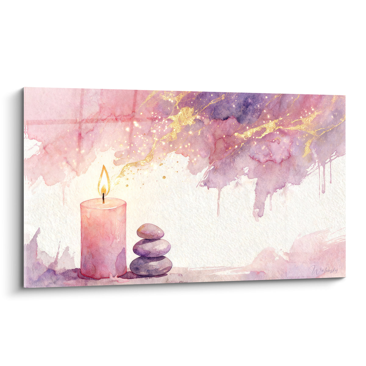 Bougie rose allumée près de galets violets sur fond aquarelle doré et lavande