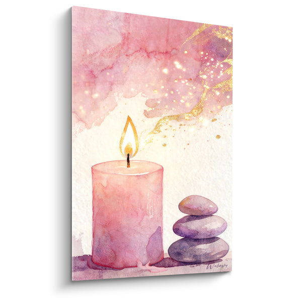 Tableau Bougie rose et mauve aux galets empilés - Pause zen - Edition Bougie