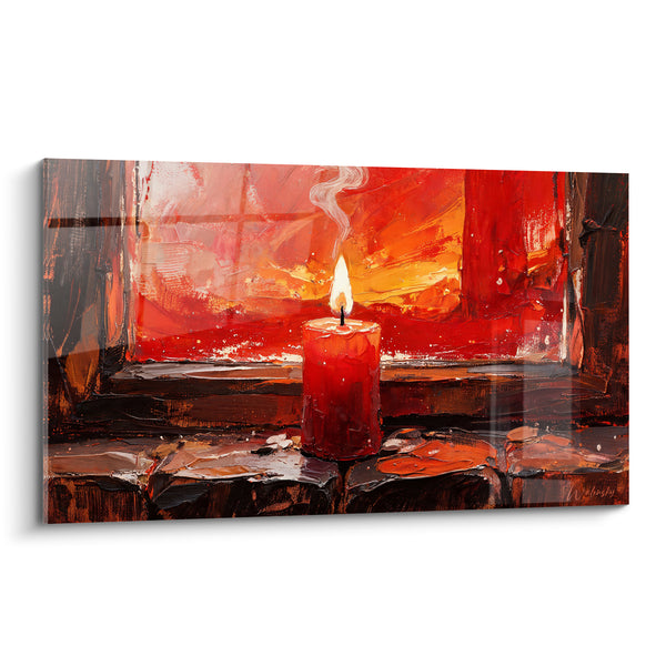 Tableau Bougie rouge flamme vive sur pierre brune - Veillée du soir - Edition Bougie