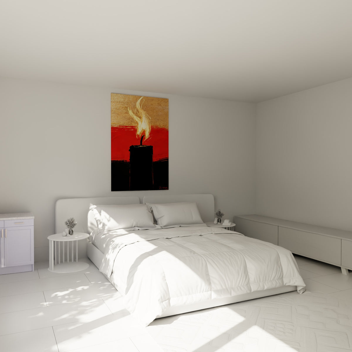 Flamme dorée jaillissant d'une bougie noire, accrochée au-dessus d'un lit dans une chambre claire