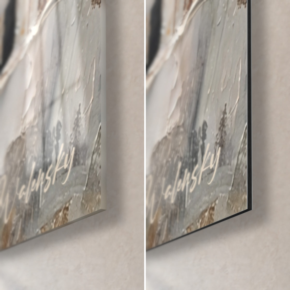 Tableau chandelles en cire blanche et ocre, coin bas droit, verre acrylique brillant et alu Dibond mat, tranche noire de 3 mm