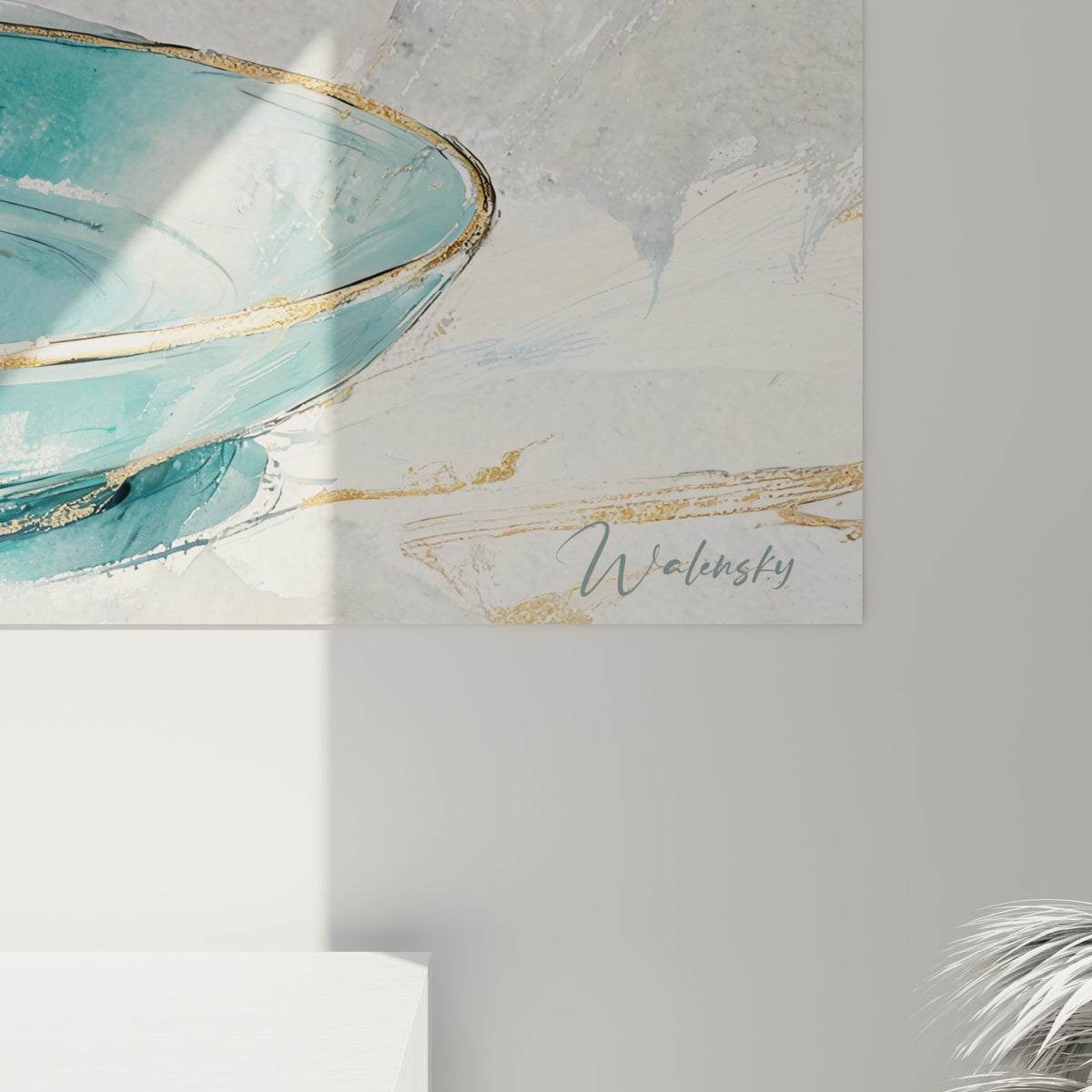 Empâtements gris perle et touches dorées sur la cire irisée turquoise et blanche de la bougie peinte