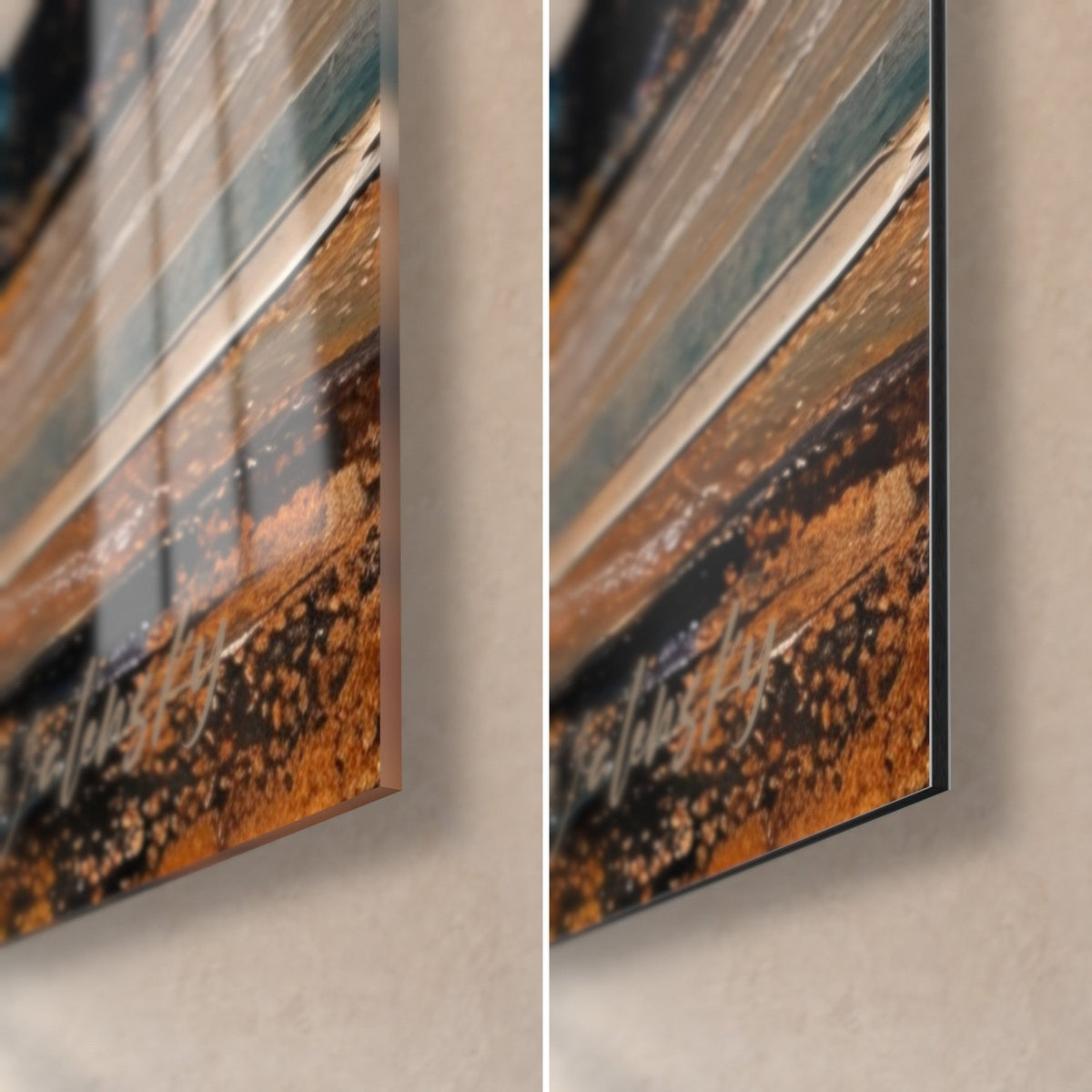 Tableau bougie ivoire en peinture épaisse, coin bas droit : reflets du verre brillant à gauche, Dibond noir mat à droite, tranche 3 mm