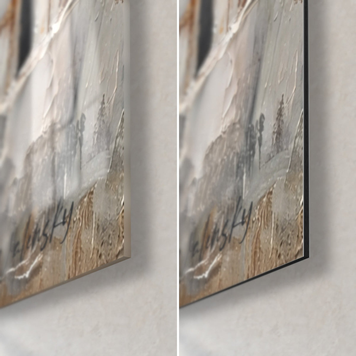 Gemälde brennende Kerzen, Ecke unten rechts: glänzendes Acrylglas links, matter Alu-Dibond rechts, dickes Grau und Gold