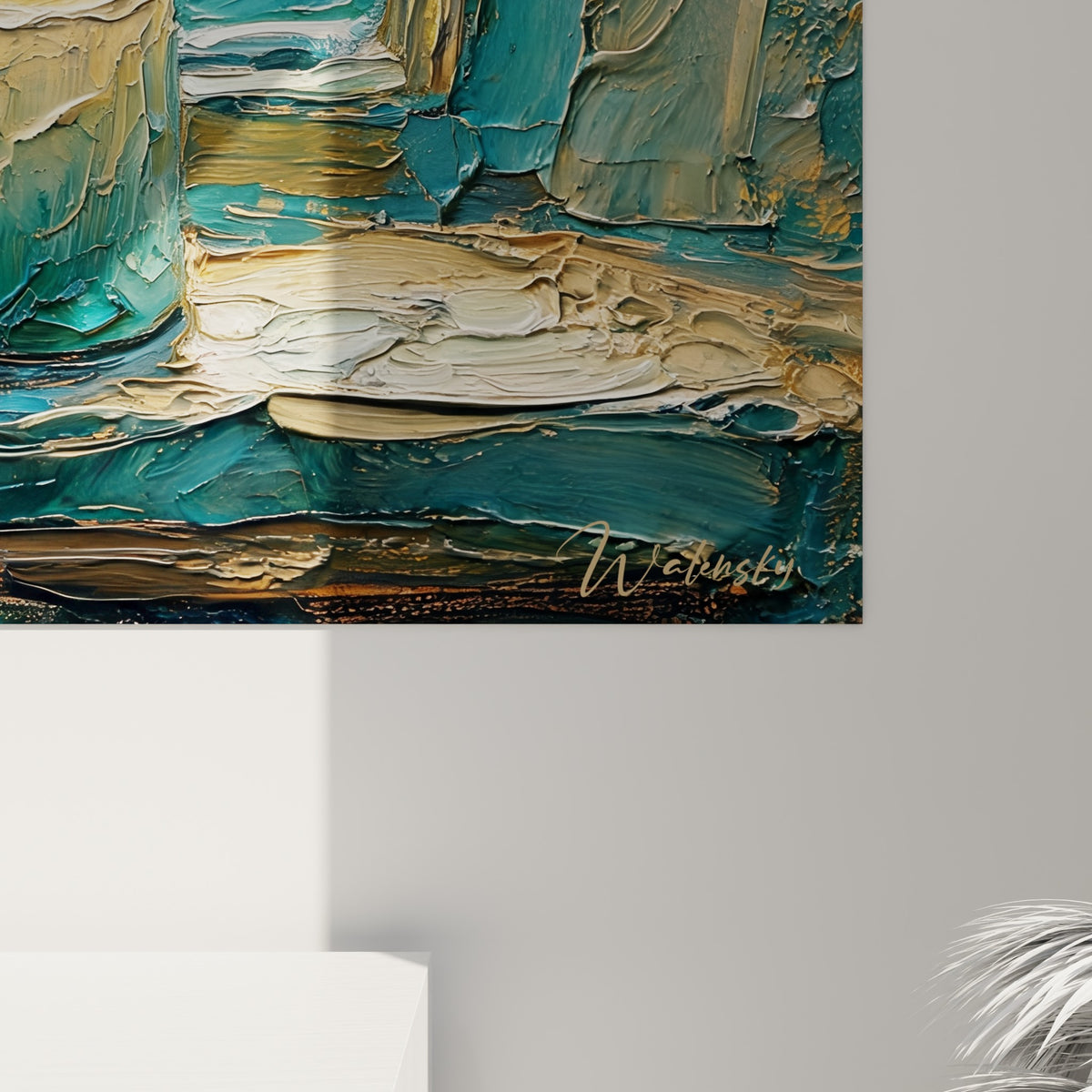 Empâtements de peinture bleu turquoise et ocre doré autour de la flamme d'une bougie ivoire accrochée