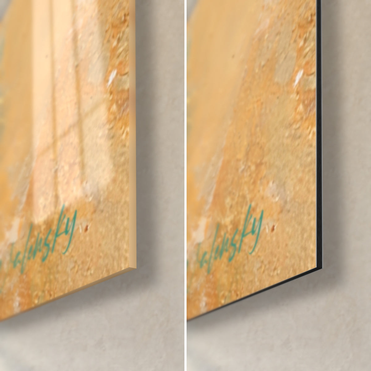 Tableau bougie turquoise, coin bas droit : verre acrylique brillant à gauche, Dibond noir mat à droite, tranche de 3 mm