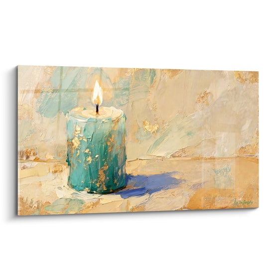Tableau Bougie turquoise et dorée à l'ombre bleutée - Reflets d'éclats métalliques - Edition Bougie