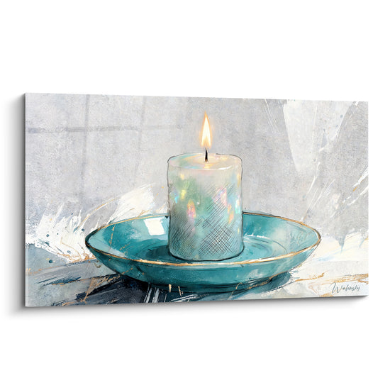 Tableau Bougie allumée sur coupelle turquoise dorée - Pause silencieuse - Edition Bougie