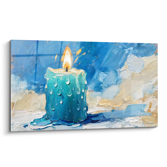 Tableau Bougie turquoise et beige aux coulures perlées - Flaque de cire figée - Edition Bougie