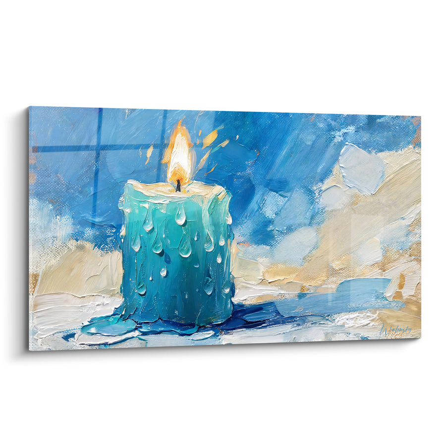 Tableau Bougie turquoise et beige aux coulures perlées - Flaque de cire figée - Edition Bougie
