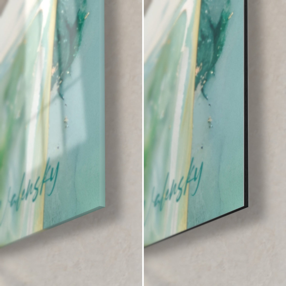 Wall art with an emerald wax candle, bottom right corner: glossy glass on the left, matte black Dibond aluminum on the right, 3 mm edge