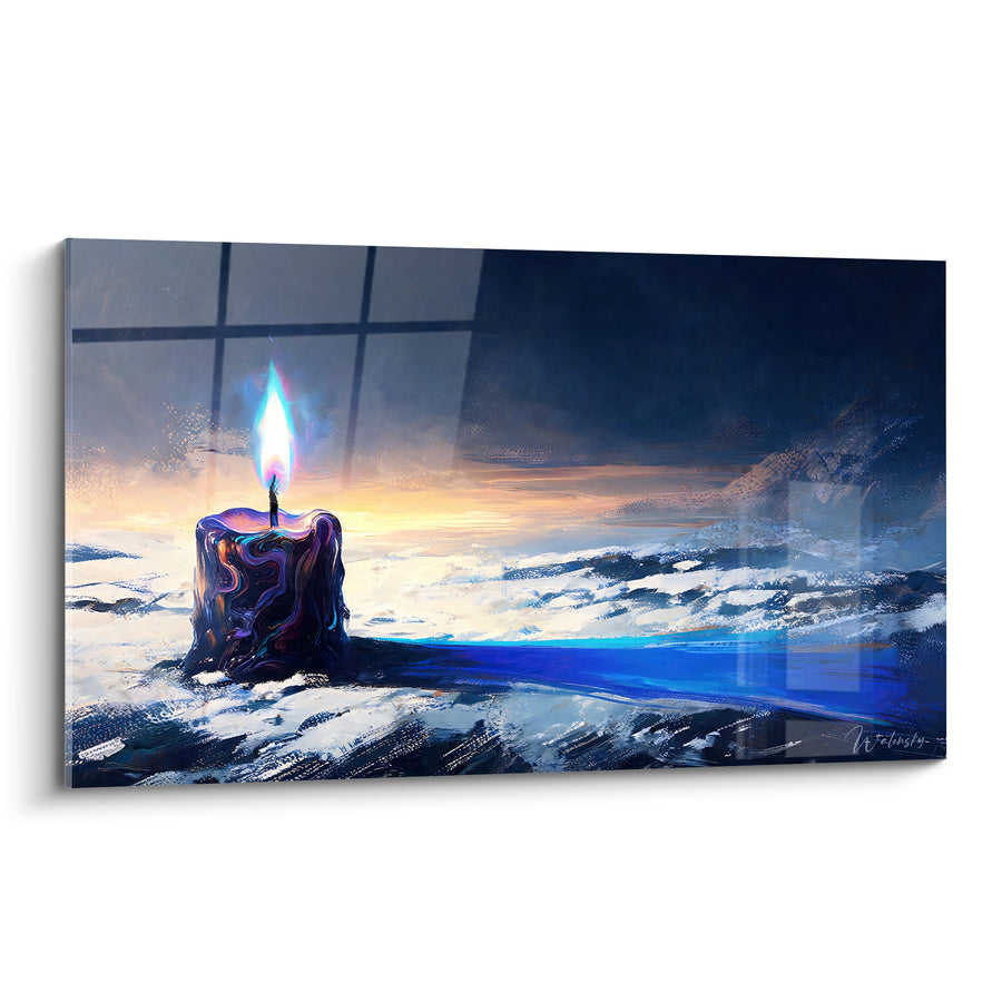 Tableau Bougie violette flamme bleutée sur vagues - Lueur dans la tempête - Edition Bougie