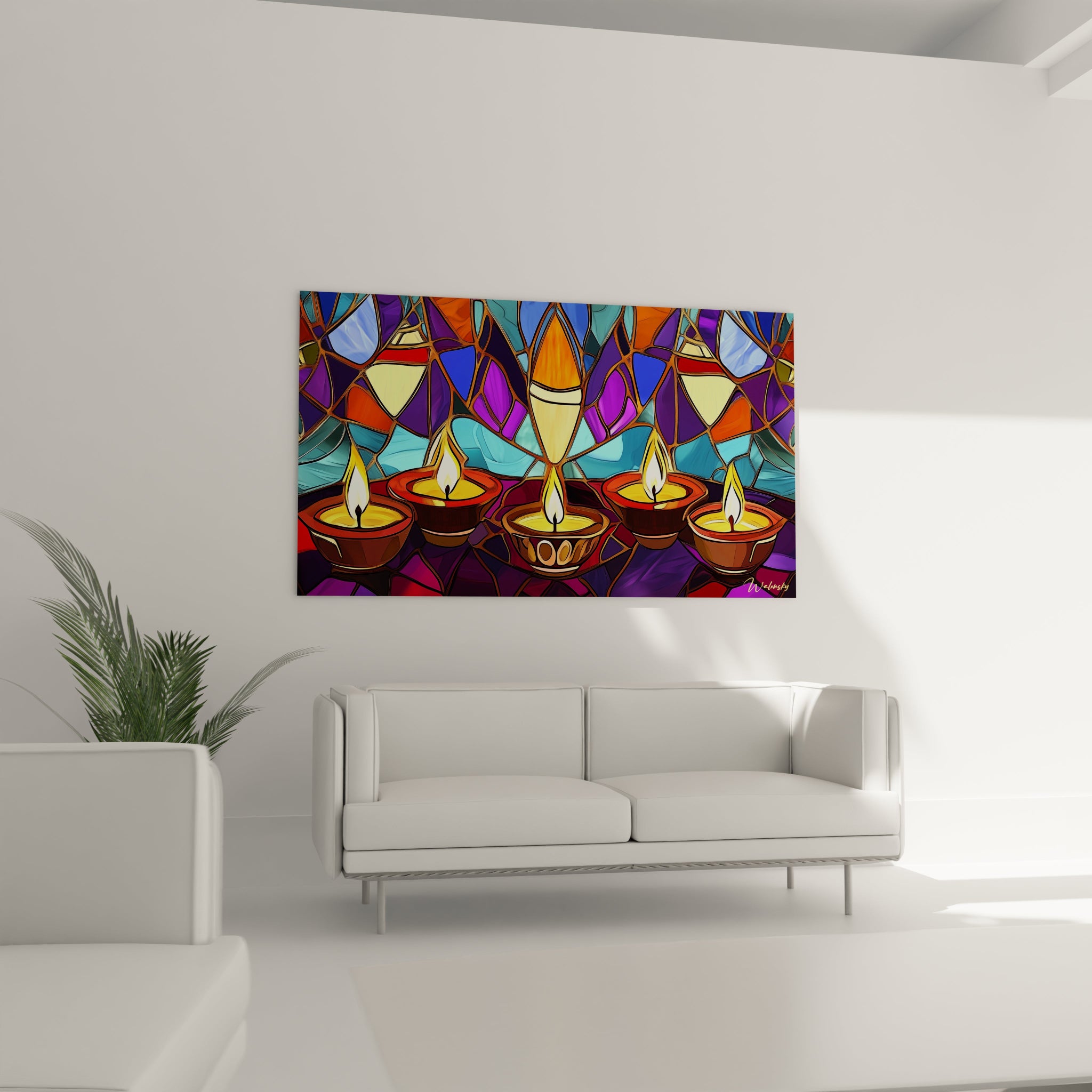 Un tableau vitraux spirituel présentant une rangée de bougies illuminées dans des récipients rougeâtres, entourées d'une mosaïque de formes organiques aux couleurs éclatantes de violet, turquoise et orange, séparées par des lignes sombres.
