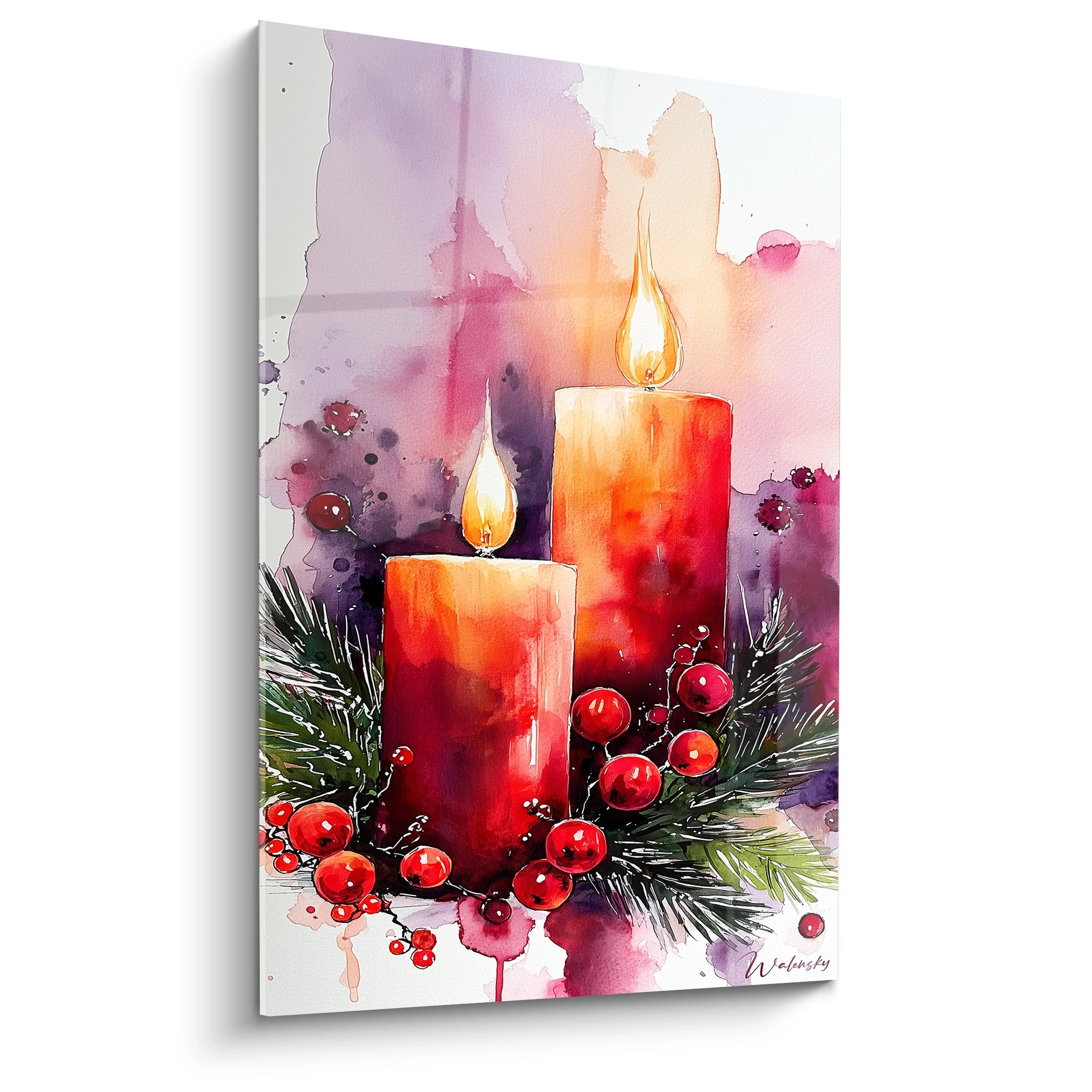Tableau bougies lueurs du réveillon avec des bougies rouges et des baies décoratives pour une ambiance festive