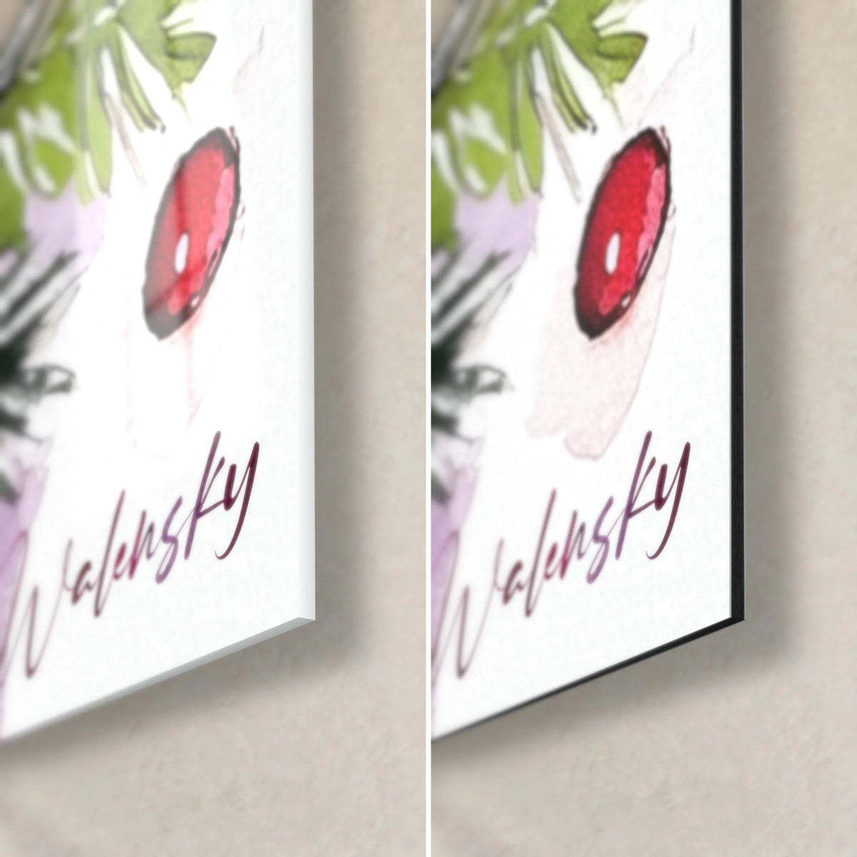 Wall art red candles and scarlet holly berries, bottom right corner, glossy acrylic glass on the left, matt black Dibond aluminium on the right