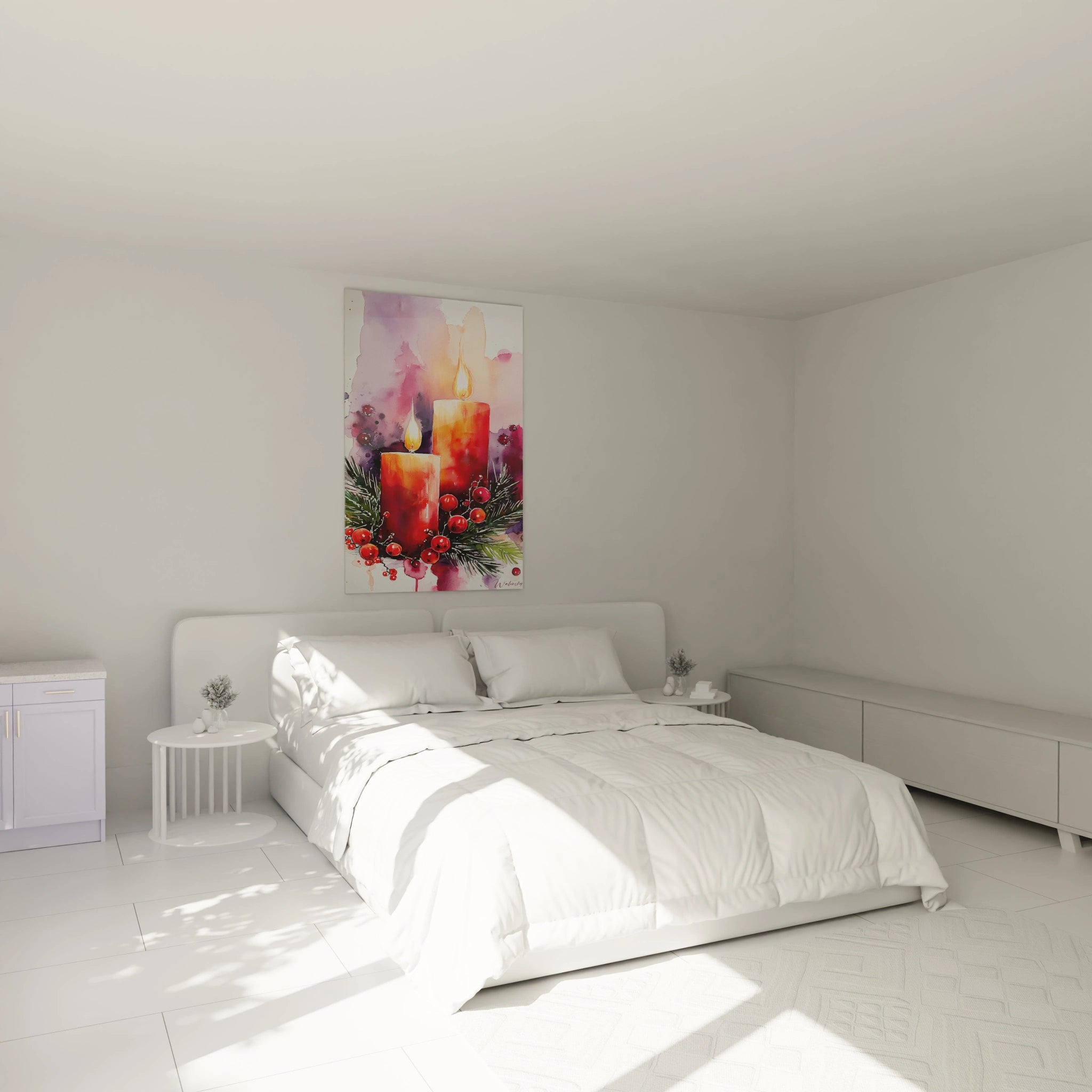 Tableau bougies lueurs du réveillon sur un mur d'une chambre ensoleillée avec lit blanc