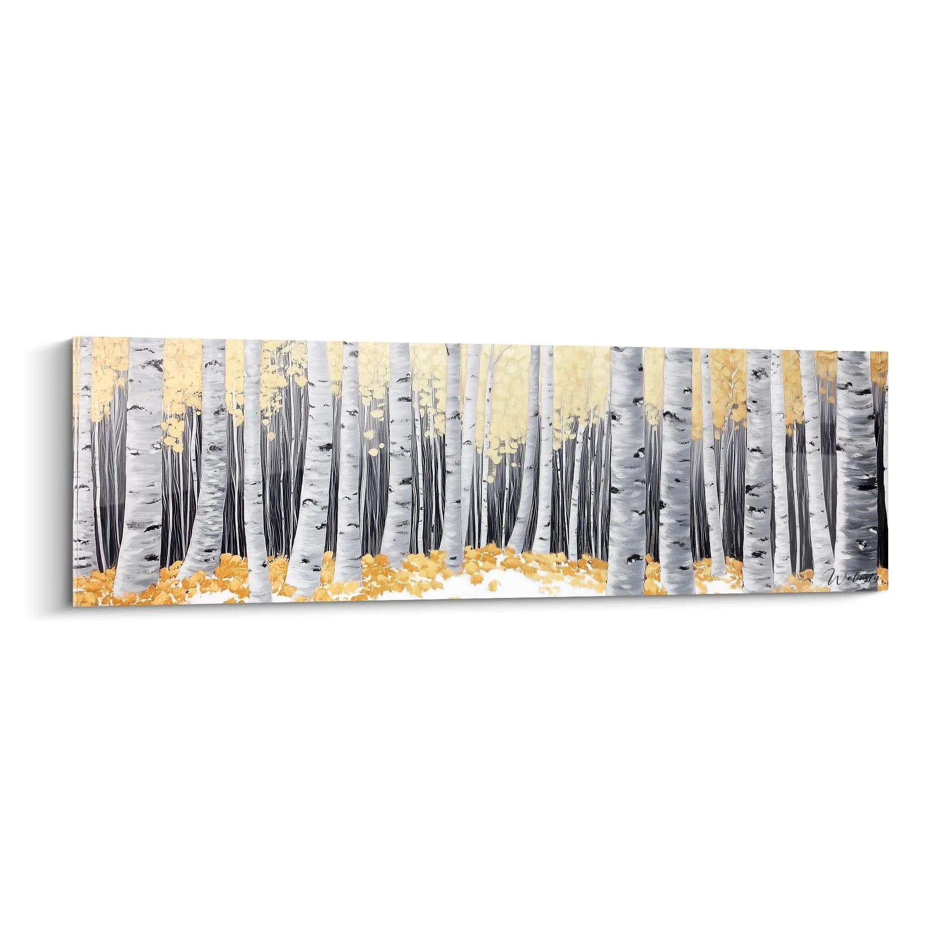 Tableau forêt Walensky représentant des bouleaux gris et feuilles dorées sur fond clair