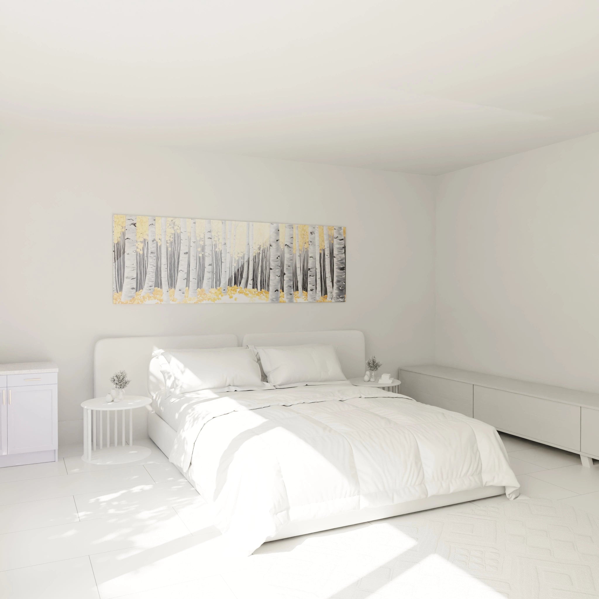 Tableau forêt Walensky avec arbres gris et feuilles jaunes dans chambre moderne au décor blanc