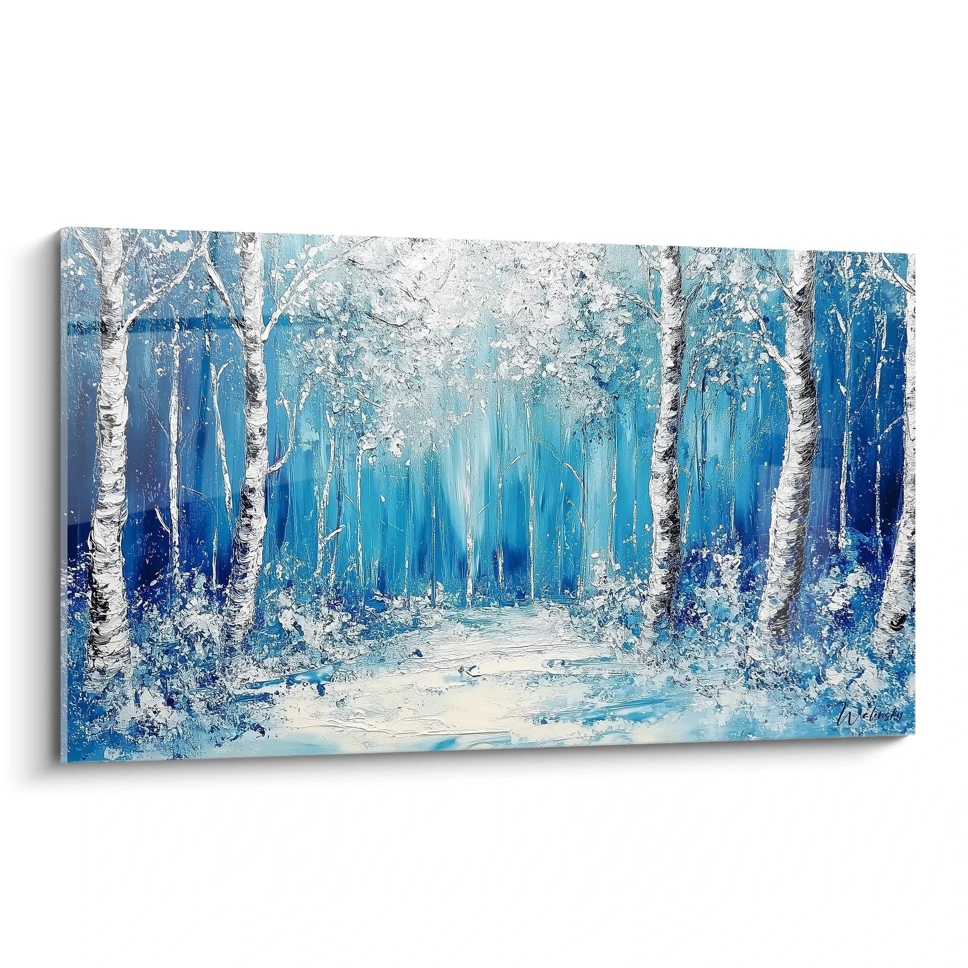 Tableau forêt Walensky ambiance hiver avec arbres blancs et décor bleu apaisant