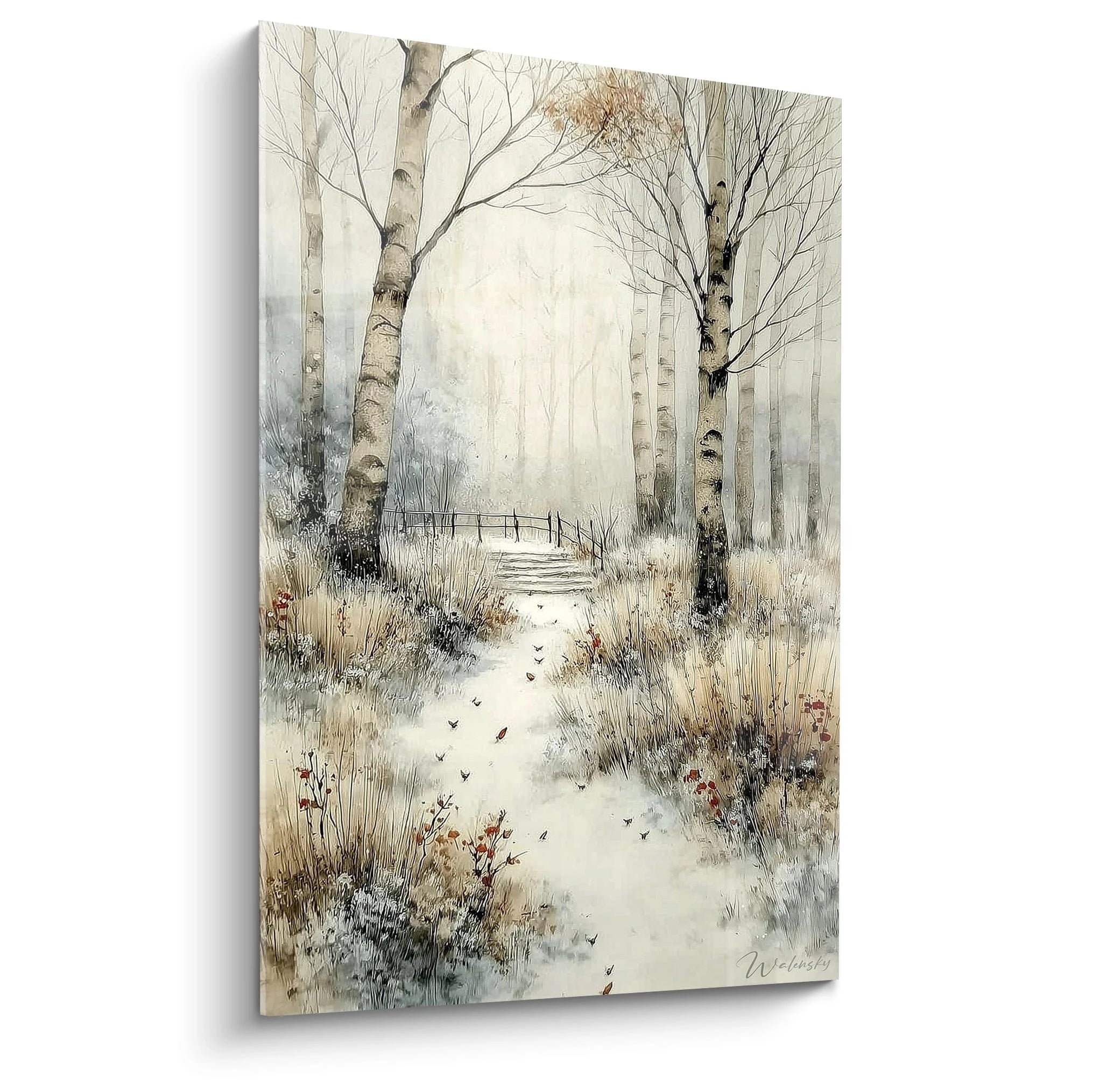 Walensky tableau bouleaux hiver paysage hivernal sentier enneigé entre bouleaux peinture murale apaisante