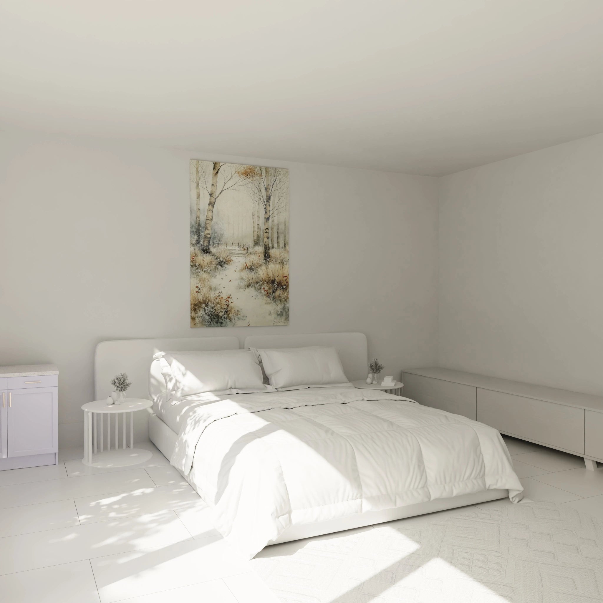 Walensky tableau bouleaux hiver mural au dessus d un lit blanc minimaliste et lumineux