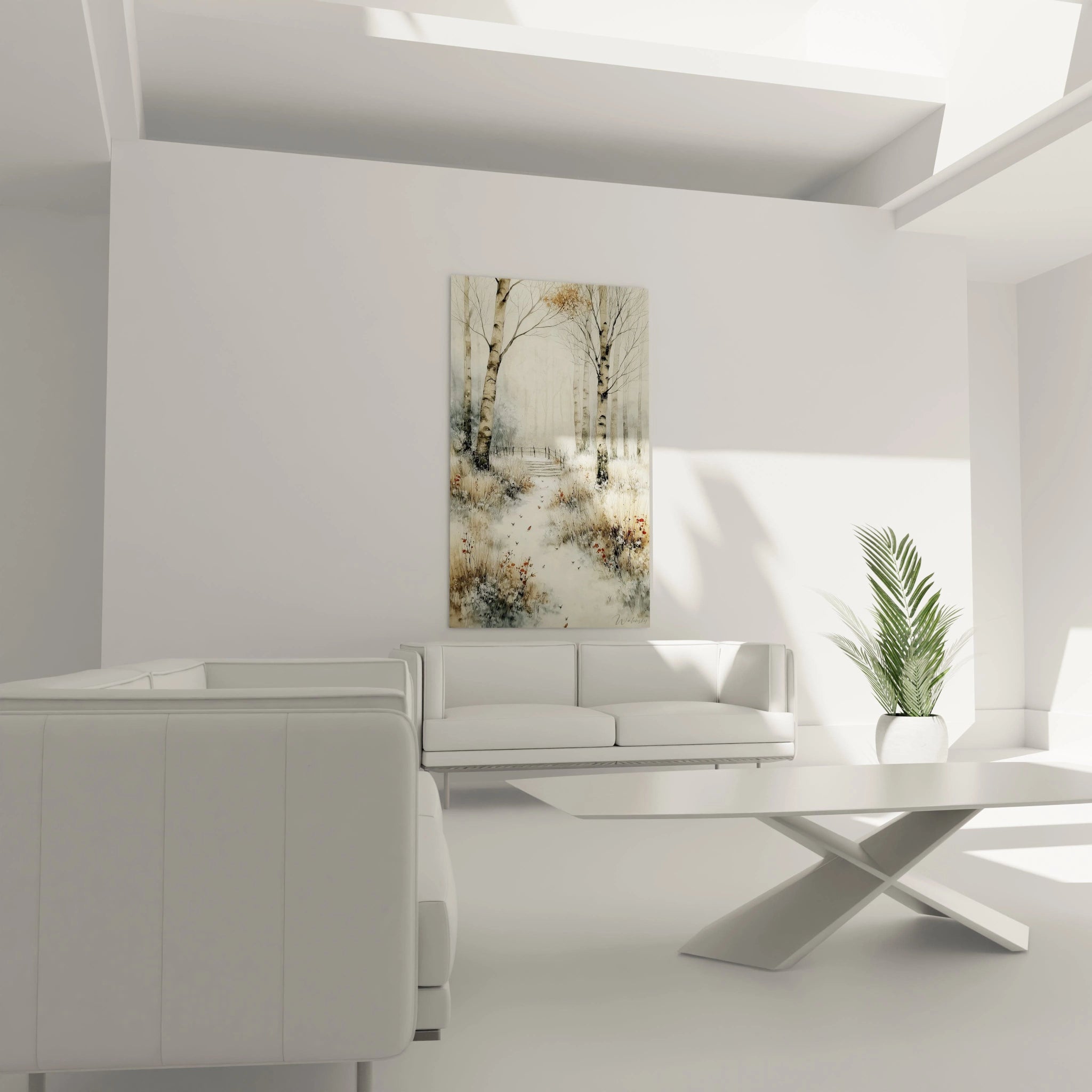Tableau mural Walensky tableau bouleaux hiver paysage enneigé accroché au dessus d un canapé dans un salon minimaliste lumineux